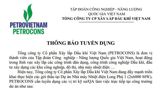 PVX THÔNG BÁO TUYỂN DỤNG