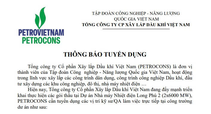 PVX THÔNG BÁO TUYỂN DỤNG