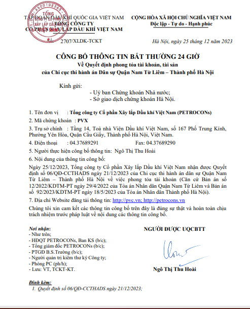 PVX CBTT bất thường 24h  về Quyết định Phong tỏa tài khoản, tài sản của Chi cục THADS Quận Nam Từ Liêm - TP Hà Nội