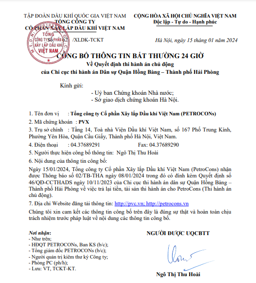 Tổng công ty Cổ phần Xây lắp Dầu khí Việt Nan CBTT bất thường 24 giờ về QĐ THA chủ động của chi cục THADS quận Hồng Bàng - TP Hải Phòng