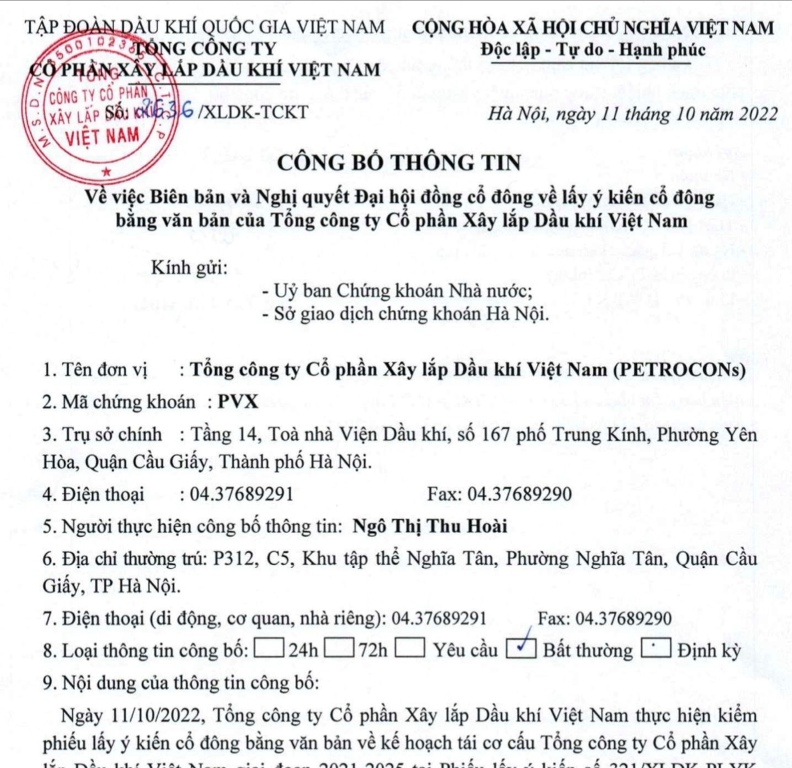 PVX Công bố thông tin về việc Biên bản và Nghị quyết Đại hội đồng cổ đông về lấy ý kiến cổ đông bằng văn bản của TCT Cổ phần XLDK Việt Nam