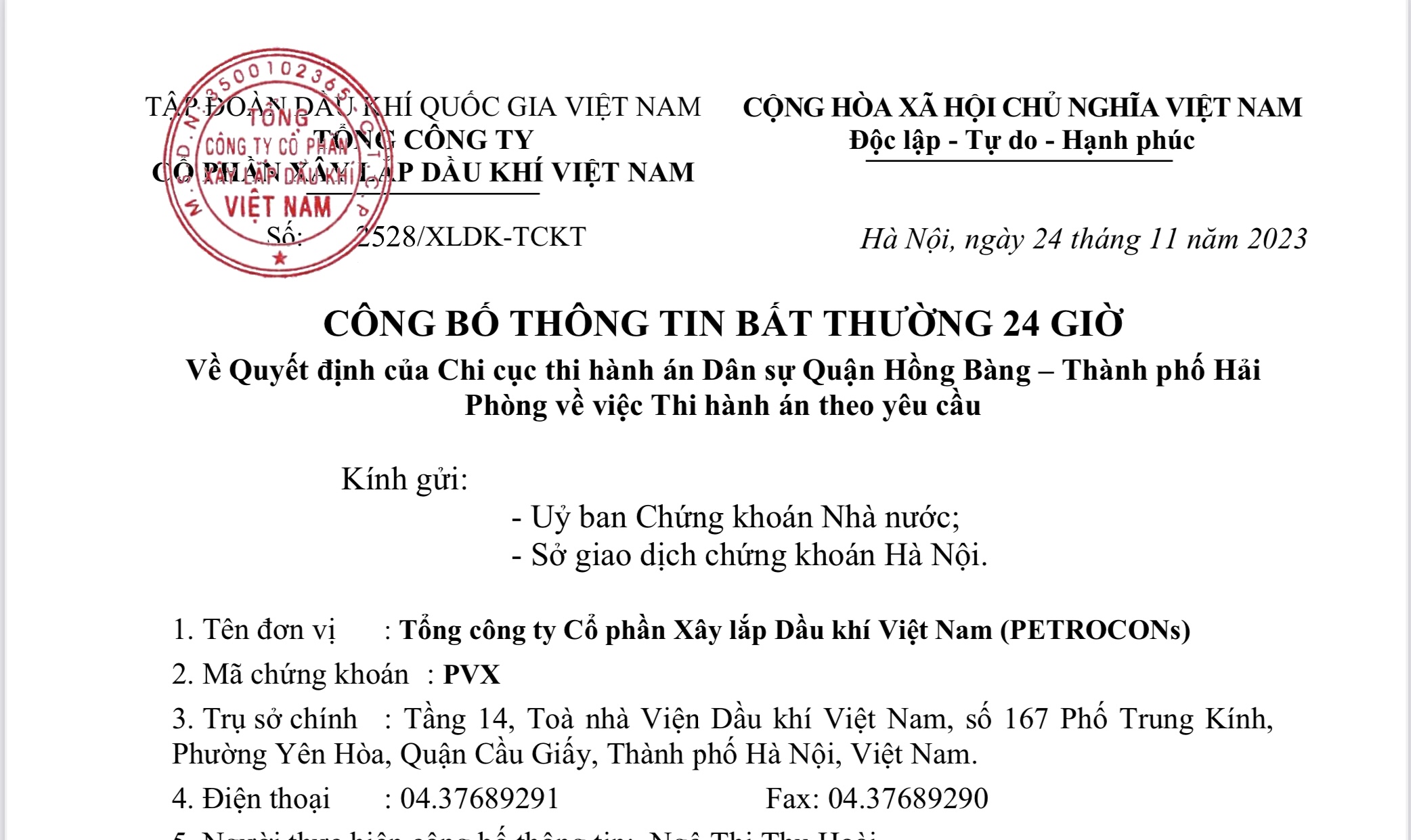  PVX Công bố thông tin Bất thường 24 giờ về Quyết định của Chi cục thi hành Dân sự Quận Hồng Bàng - Thành phố Hải Phòng về việc Thi hành án  theo yêu cầu
