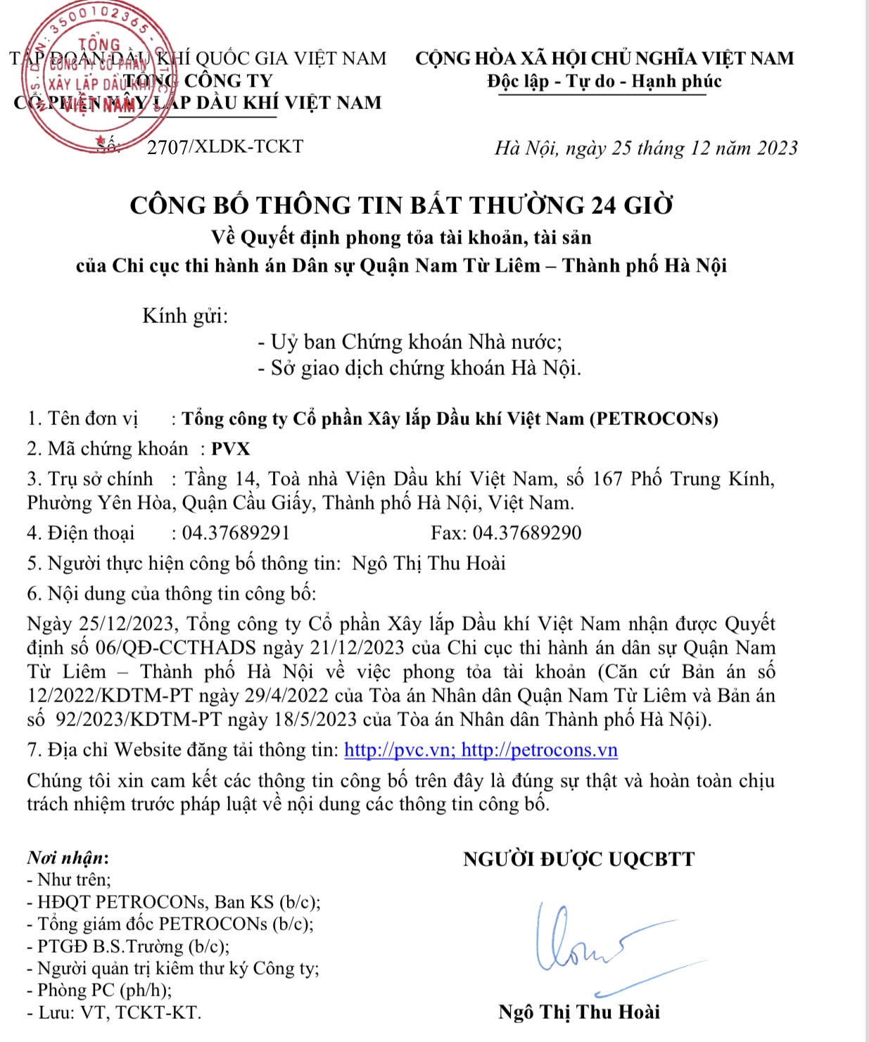 PVX Công bố thông tin Bất thường 24 giờ về Quyết định phong tỏa tài khoản, tài sản của Chi cục thi hành án Dân sự Quận Nam Từ Liêm , Thành phố Hà Nội
