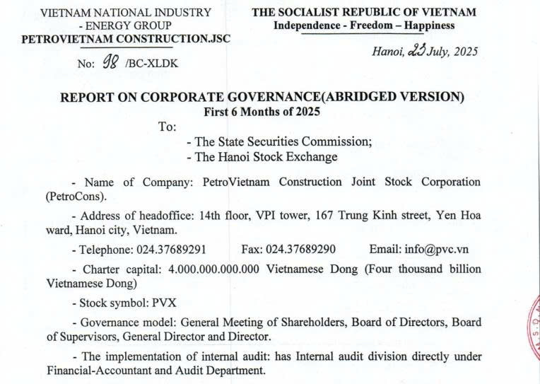PVX: REPORT ON CORPORATE GOVERNANCE(ABRIDGED VERSION) First 6 Months of 2025