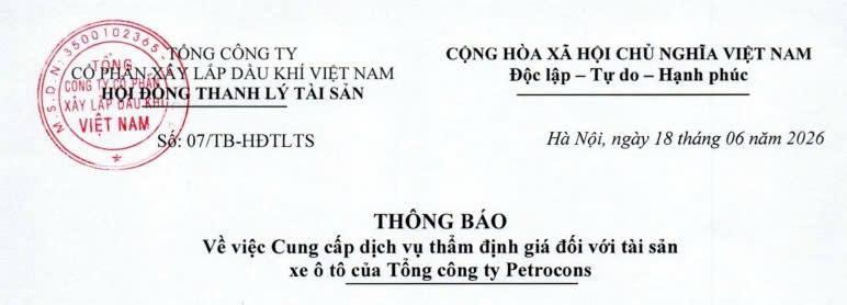 Thông báo về việc cung cấp dịch vụ thẩm định giá đối với tài sản xe ô tô của Tổng công ty PETROCONS