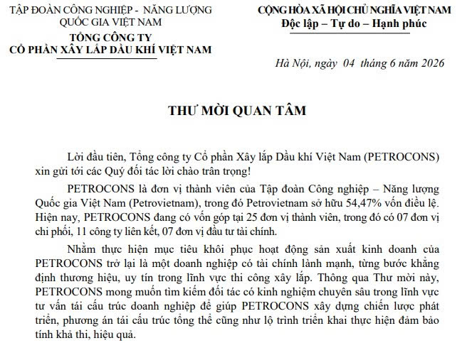 THƯ MỜI ĐỐI TÁC CÓ KINH NGHIỆM TƯ VẤN TÁI CẤU TRÚC DOANH NGHIỆP