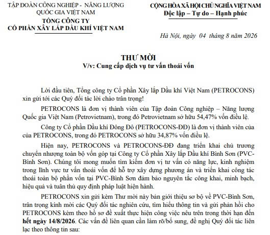 THƯ MỜI CUNG CẤP DỊCH VỤ TƯ VẤN THOÁI VỐN CỦA PETROCONS TẠI PVC-BÌNH SƠN