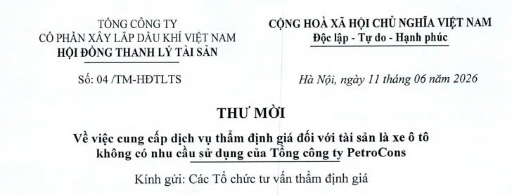 THƯ MỜI THẨM ĐỊNH GIÁ XE Ô TÔ KHÔNG CÓ NHU CẦU SỬ DỤNG