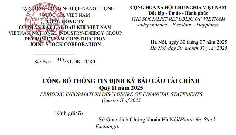 PVX Công bố thông tin định kỳ báo cáo tài chính và văn bản giải trình quý II năm 2025_ Công ty Mẹ