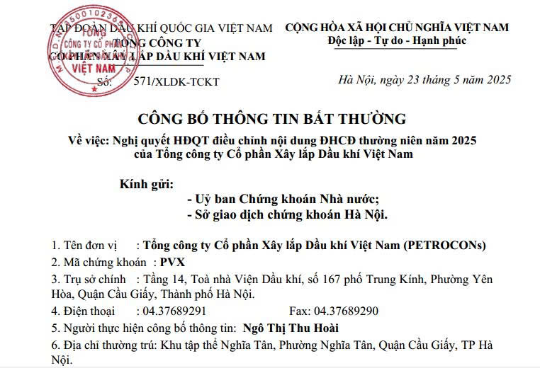 PVX công bố thông tin Nghị quyết HĐQT điều chỉnh nội dung ĐHĐCĐ thường niên 2025