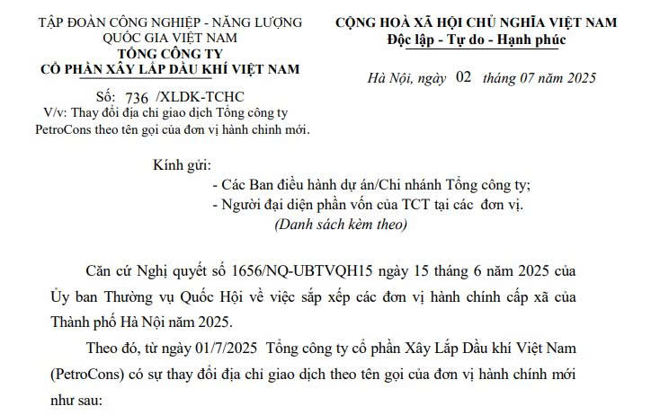 Thông báo: Thay đổi địa chỉ giao dịch Tổng công ty Cổ phần Xây lắp Dầu khí Việt Nam theo tên gọi của đơn vị hành chính mới.