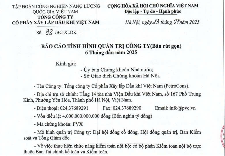 PVX: Báo cáo tình hình quản trị công ty (Bản rút gọn) 6 Tháng đầu năm 2025 