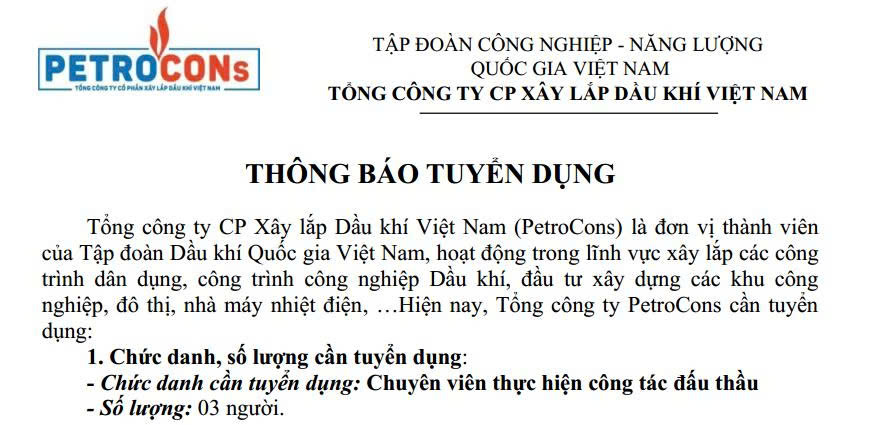Tổng công ty CP Xây lắp Dầu khí Việt Nam (PetroCons) thông báo tuyển dụng chuyên viên thực hiện công tác đấu thầu