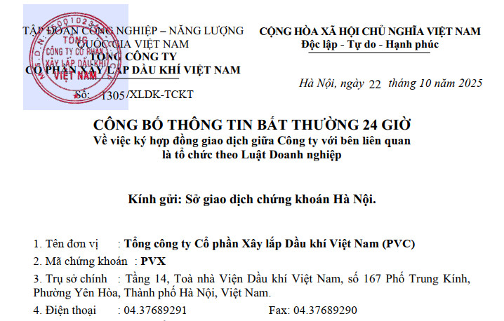 PVX CBTT về việc ký Hợp đồng giao dịch giữa Công ty với bên liên quan là tổ chức theo Luật Doanh nghiệp